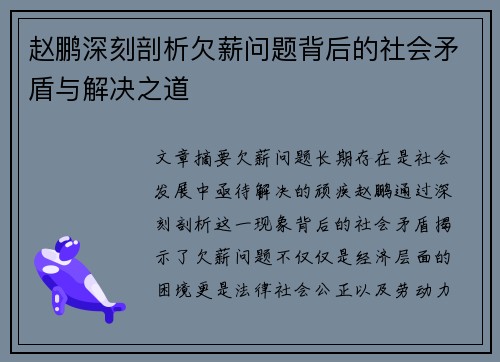 赵鹏深刻剖析欠薪问题背后的社会矛盾与解决之道